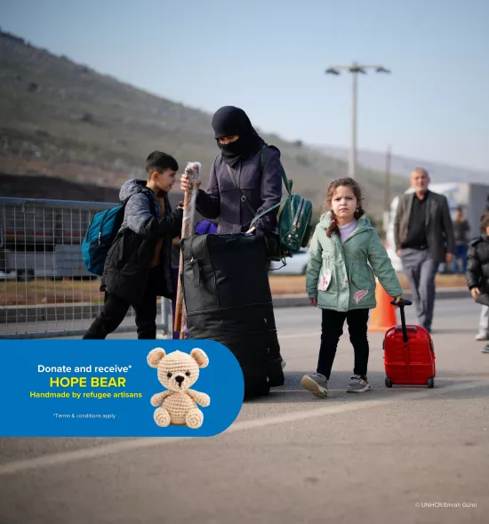 Refugees are travelling along a tarmac road
